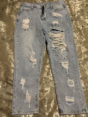Light Blue Distressed Women's Jeans with Stud Accents